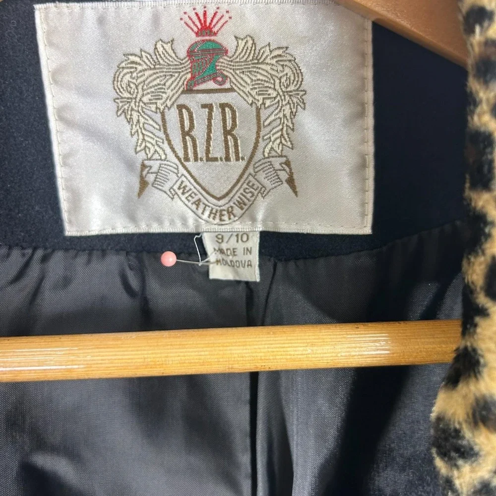 Vintage Black Wool Winter Coat Leopard Collar Quiet‎ Luxury Parisian Chic 9 10